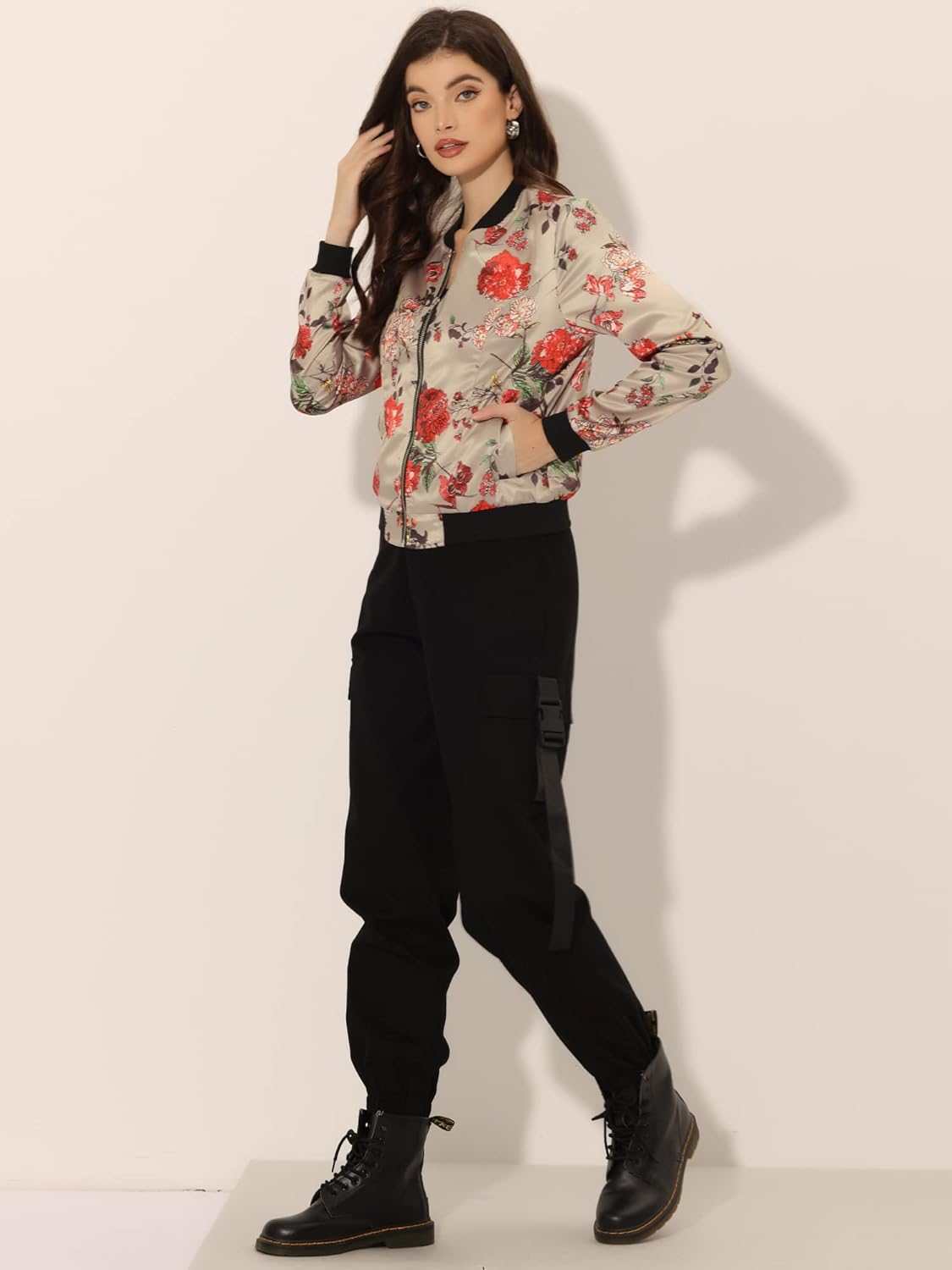 Allegra K Women's Bomber Jacket Satin Long Sleeve Zipper Floral Print Casual Fall Coat with Pocket Winter Outwear - Image 3