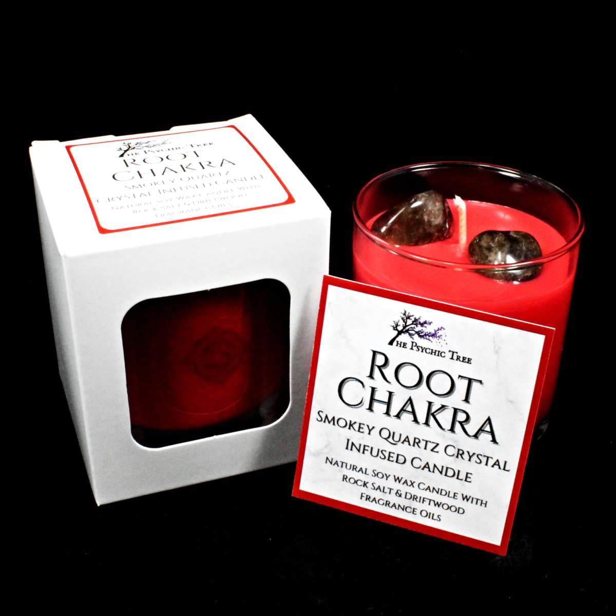 The Psychic Tree See Image Root Chakra - Crystal Infused Scented Candle Infused With Smokey Quartz Healing Crystals, And Is Scented With Rock Salt & Driftwood Fragrance Oils.