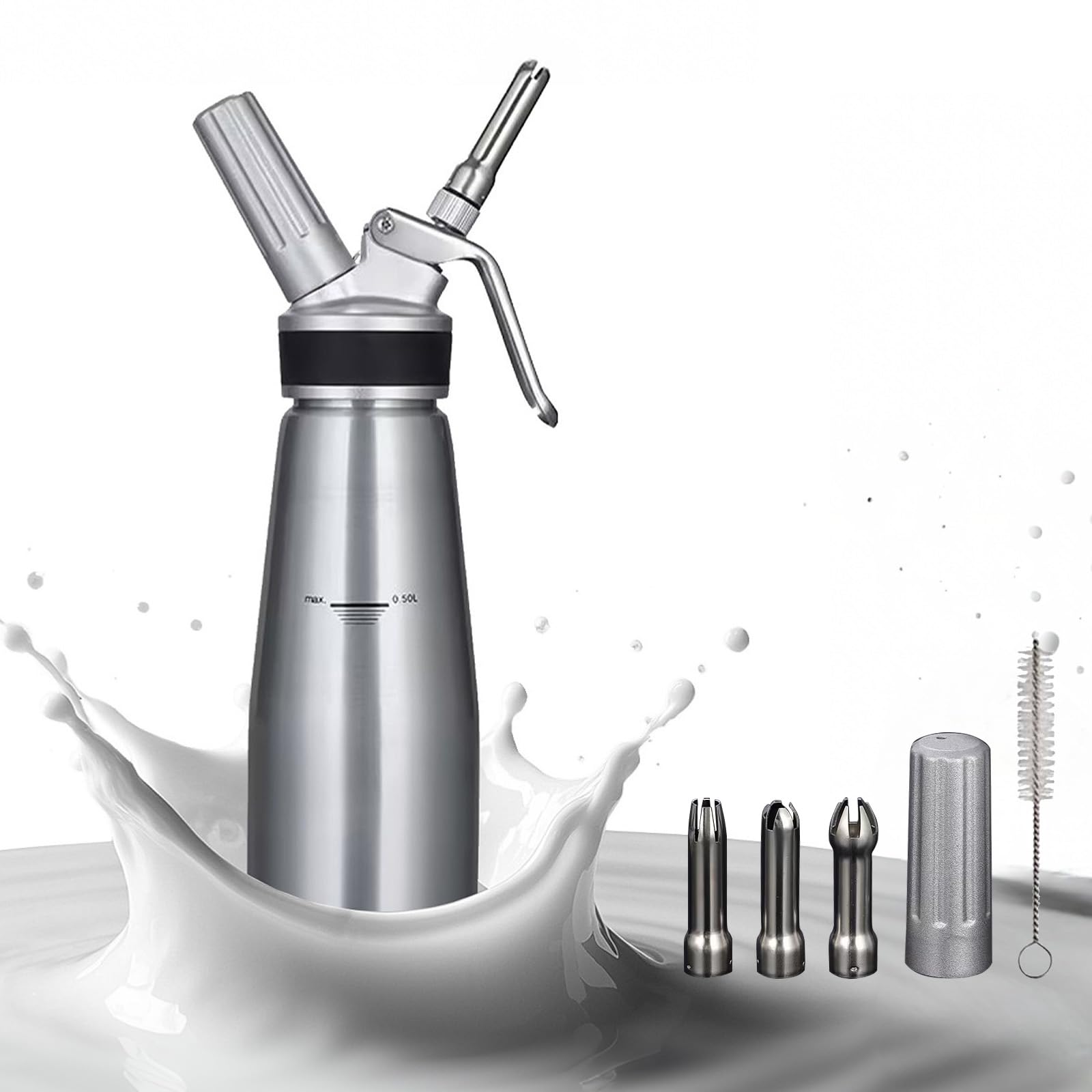 Vikooyes Profi Aluminum Whipped Cream Dispenser for Home Chef, Homemade Cream Maker Canister 500ml for Desserts Chocolate Gourmet