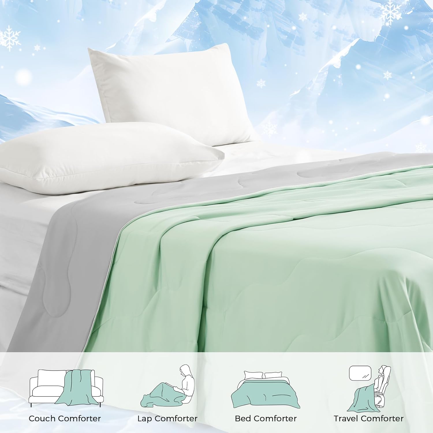COHOME Cooling Comforter Queen/Full, Cooling Blanket for Hot Sleeper and Night Sweats, Cold Touch Fabric Absorbs Body Heat, Double-Sided Cool Design Soft Fluffy (Green, (90"x90"))