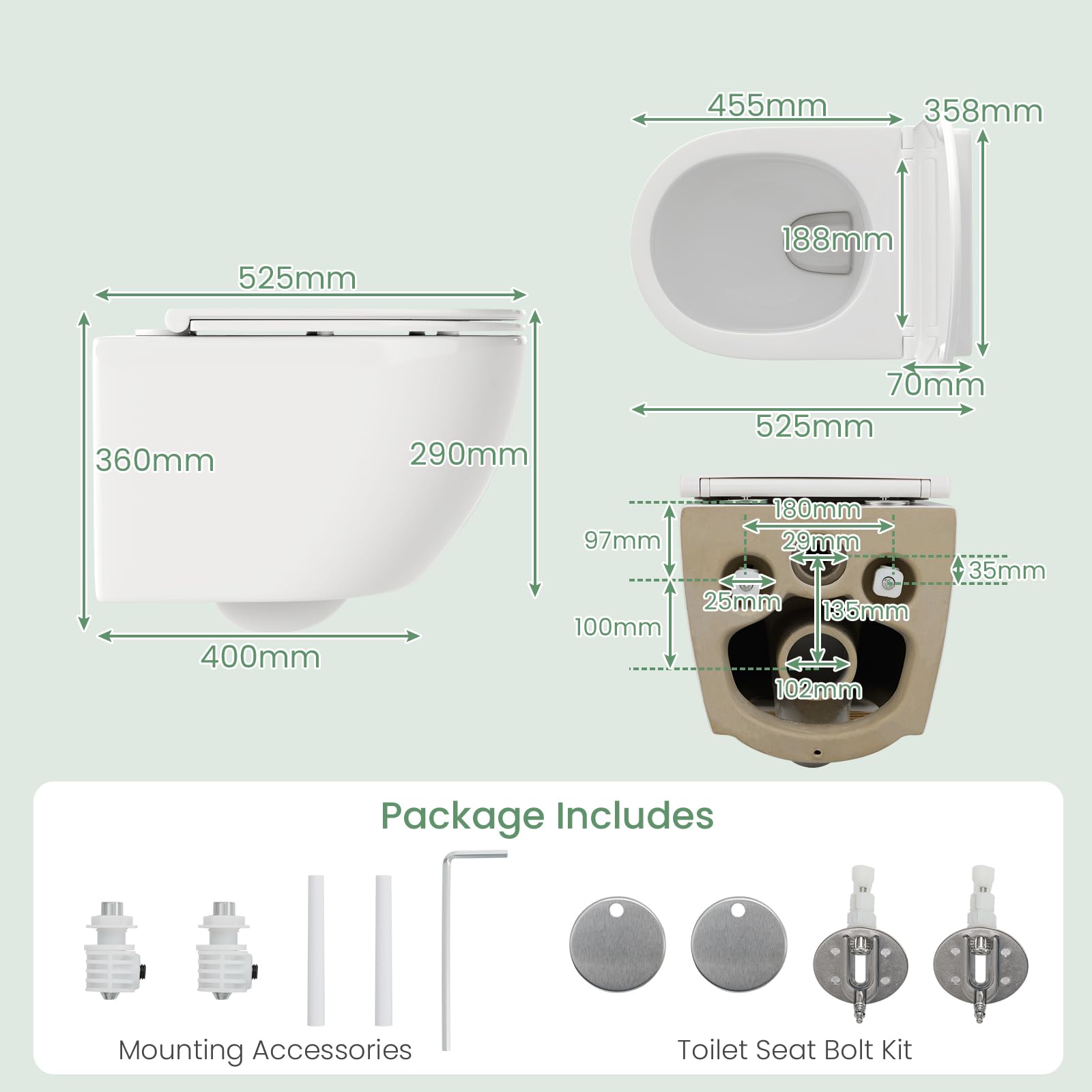 LIFEZEAL Water Sospeso, Sanitari a Muro, Incasso WC, Toilette, con Copriwater a Chiusura Rallentata, Sedile, Kit di Montaggio, Sistema di Doppio Scarico, Risparmio di Acqua, Pulizia Facile, Ceramica
