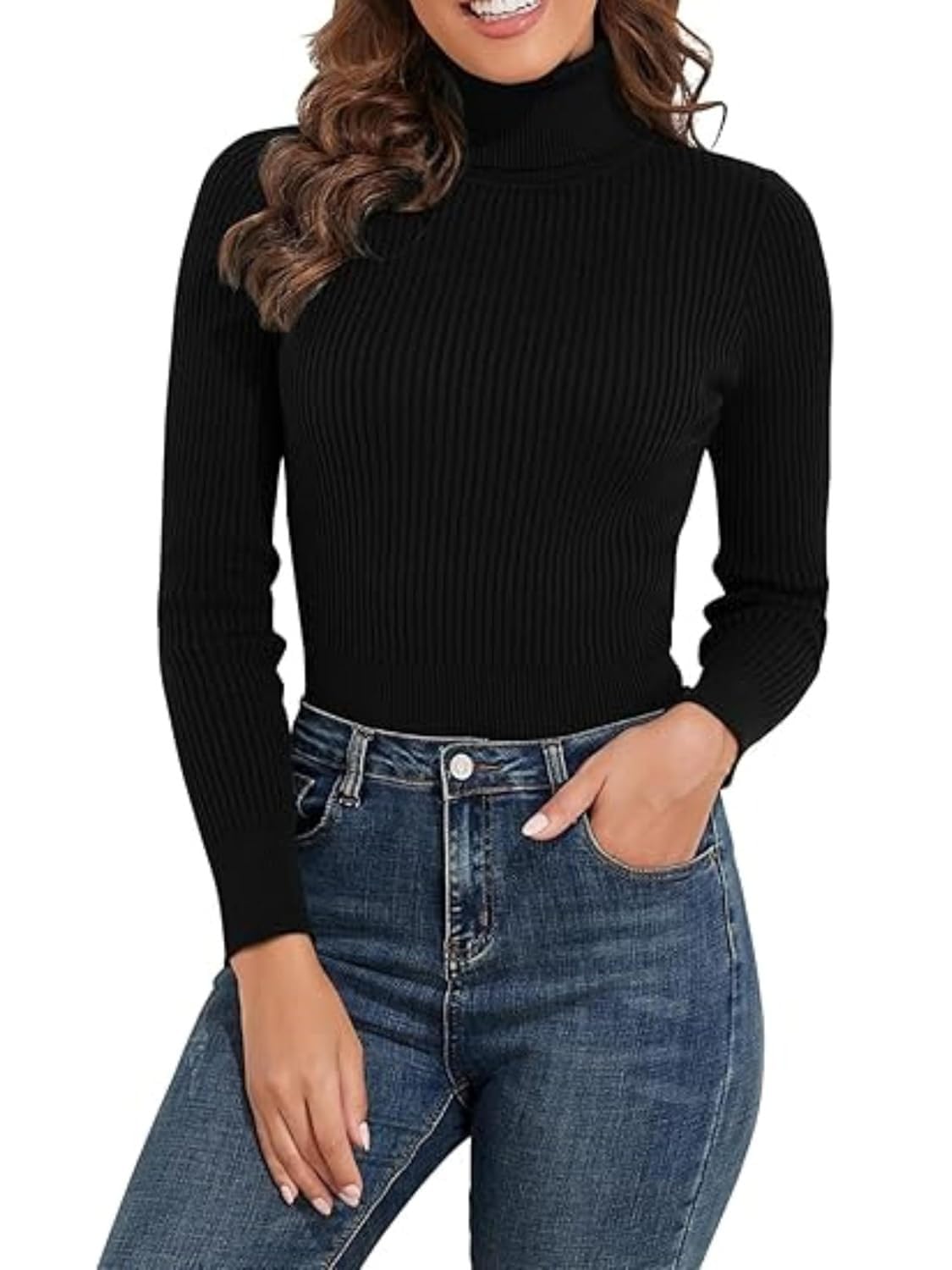 Classic Black Ribbed Turtleneck Knit Top – Long Sleeve Slim Fit Sweater for Women | Size Medium-image-30