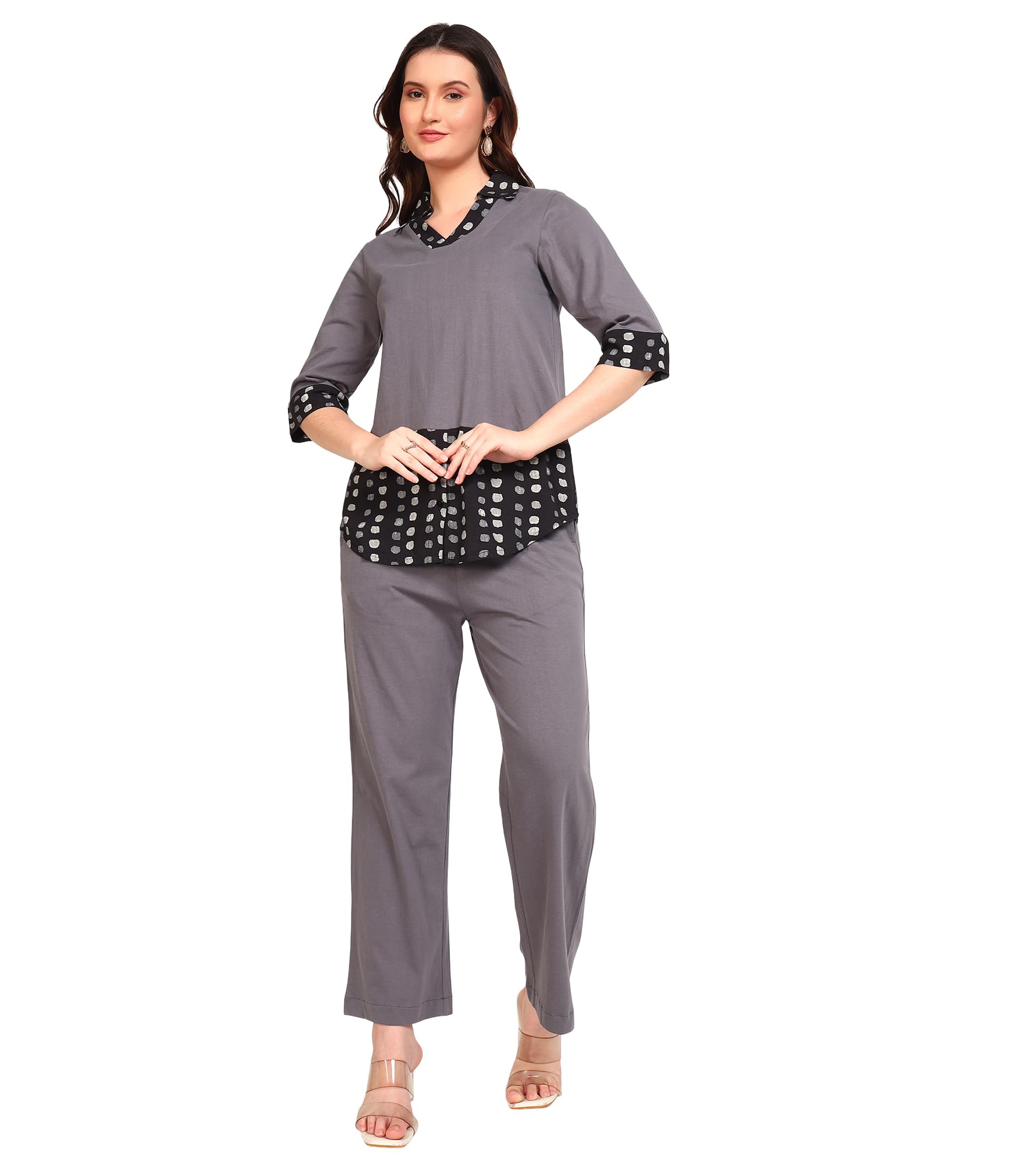 Solid With Polka Cotton Knit Lycra & Rayon Shirt Style Top With Pants Co-Ord Set For Women's|Collar Neck Half Sleeves Regular Fit Stylish Summer Western Casual Wear Ladies Trendy Cord Set