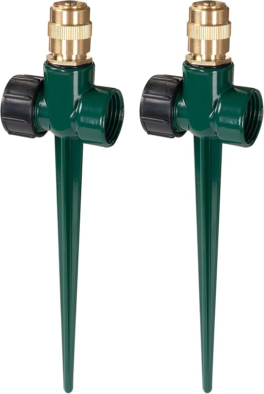 2 Pack Metal Lawn Sprinkler for Yard, Automatic Brass Garden Water Sprinklers on Spike Base, Adjustable 360 Degree Sprinkler Nozzle for Large Area Coverage Grass Patio Irrigation