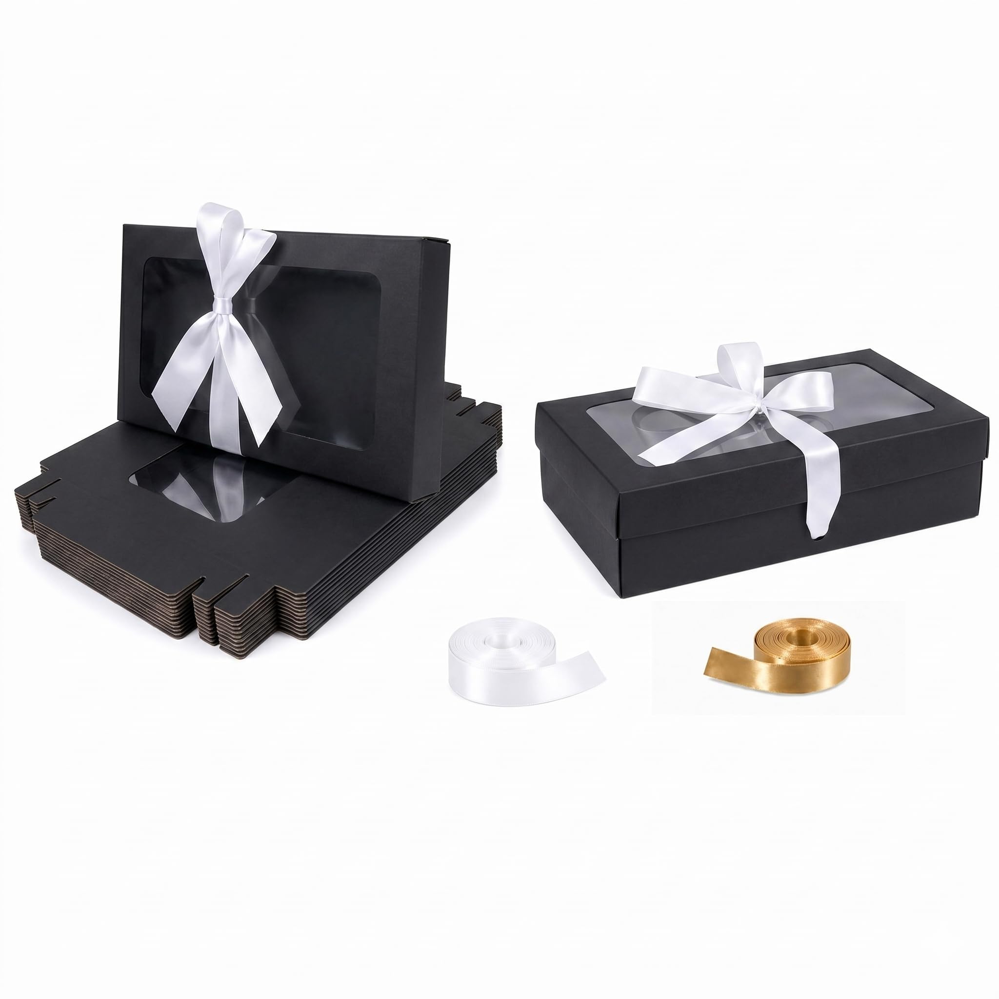 Emartbuy Pack of 12 Black Gift Boxes with Clear Window Lid & Ivory Satin Ribbon - Small 21.5 x 13.5 x 4.5 cm - Recyclable Kraft Presentation Box for Hampers, Treats, Weddings & Favours — image 1