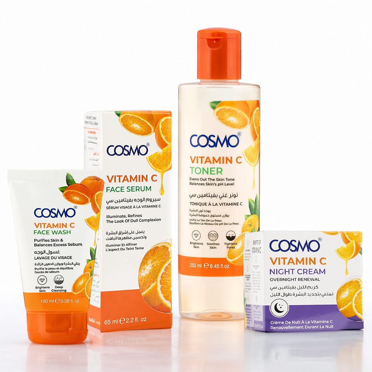 Cosmo Body Care Vitamin C Daily Brightening Skin Care Set Pack Of 4 | Face Wash 100ml, Toner 250ml, Face Serum 65ml, Night Cream 50ml | Fast Absorbing & Lightweight & Non Greasy | For All Skin Types-image-25