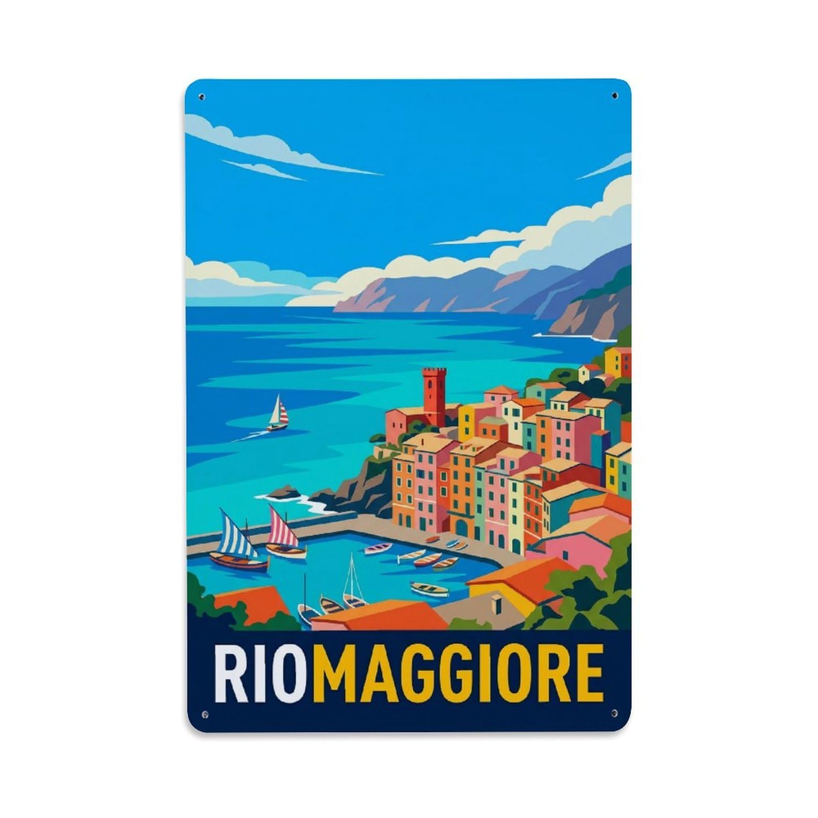 Riomaggiore Italian Riviera Vintage Cinque Terre Metal Tin Sign Plaque Wall Decor for Cafe, Man Cave, Club Bar, Office, Home Garden Round Metal Poster 8x12Inch