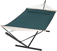Vista 27 de SUNCREAT - Hamaca doble, tela acolchada extra grande con barras de madera maciza y cojín desmontable, resistente, perfecta para patio Azul