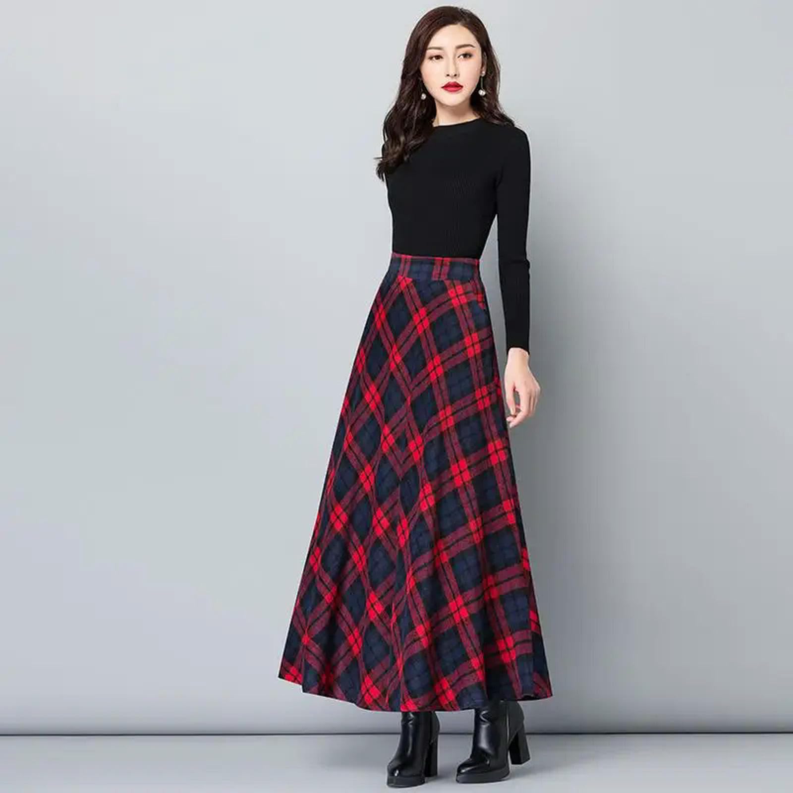 Mdybf Gonna Lunga Donna Autumn Inverno Inverno A Quadri Rossi Ad Alta Vita con Gonne A Lunghezza A-Riga Tartan-Un-l