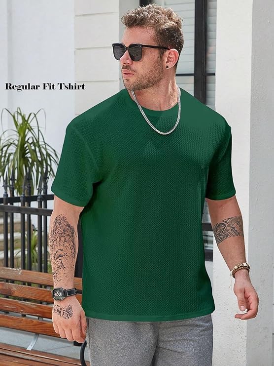 Image of Men Solid Waffle Round Neck Oversized /Dropshoulder |Baggy| Summer T Shirt for Ment Shirt