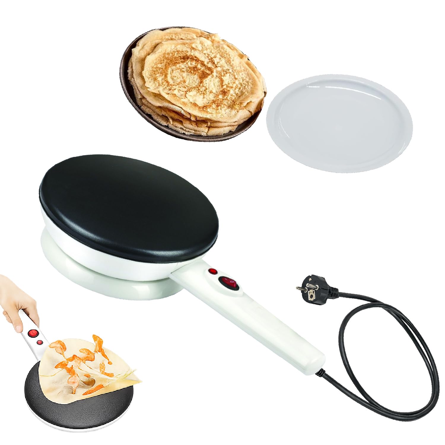 CRISALIDE® Crepiera Elettrica Cordless 800W – Macchina per Crêpes Antiaderente Ø20 cm con Rotazione 360°, Ciotola per Impasto Inclusa, Manico Antiscottatura e Interruttore ON/OFF