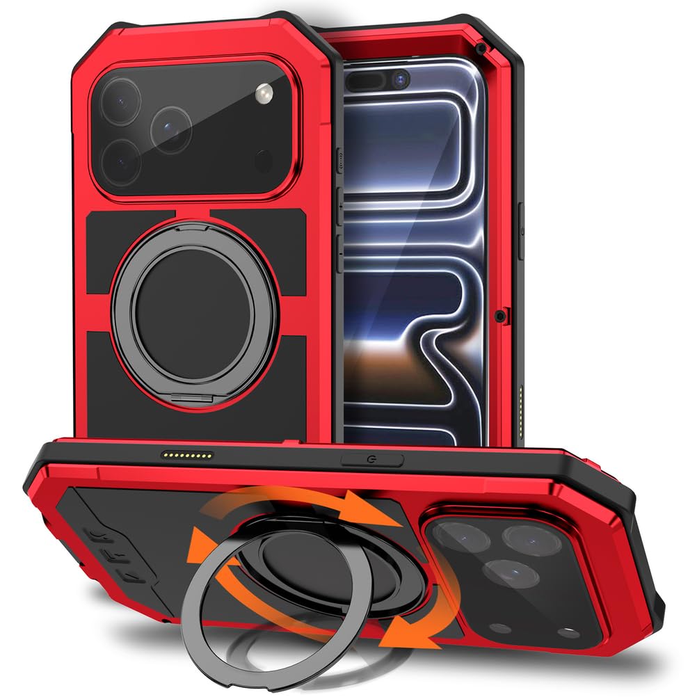 Custodia in metallo resistente per smartphone, copertura completa in alluminio con protezione schermo integrata e cavalletto, design antiurto, colore rosso