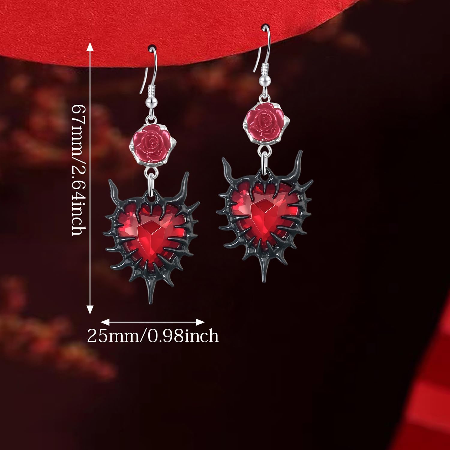 Handmade Vintage Gothic Rhinestone Rose Flower Dangle Drop Earrings Punk Red Heart Butterfly Hook Earrings for Women Costume Cosplay - Image 5