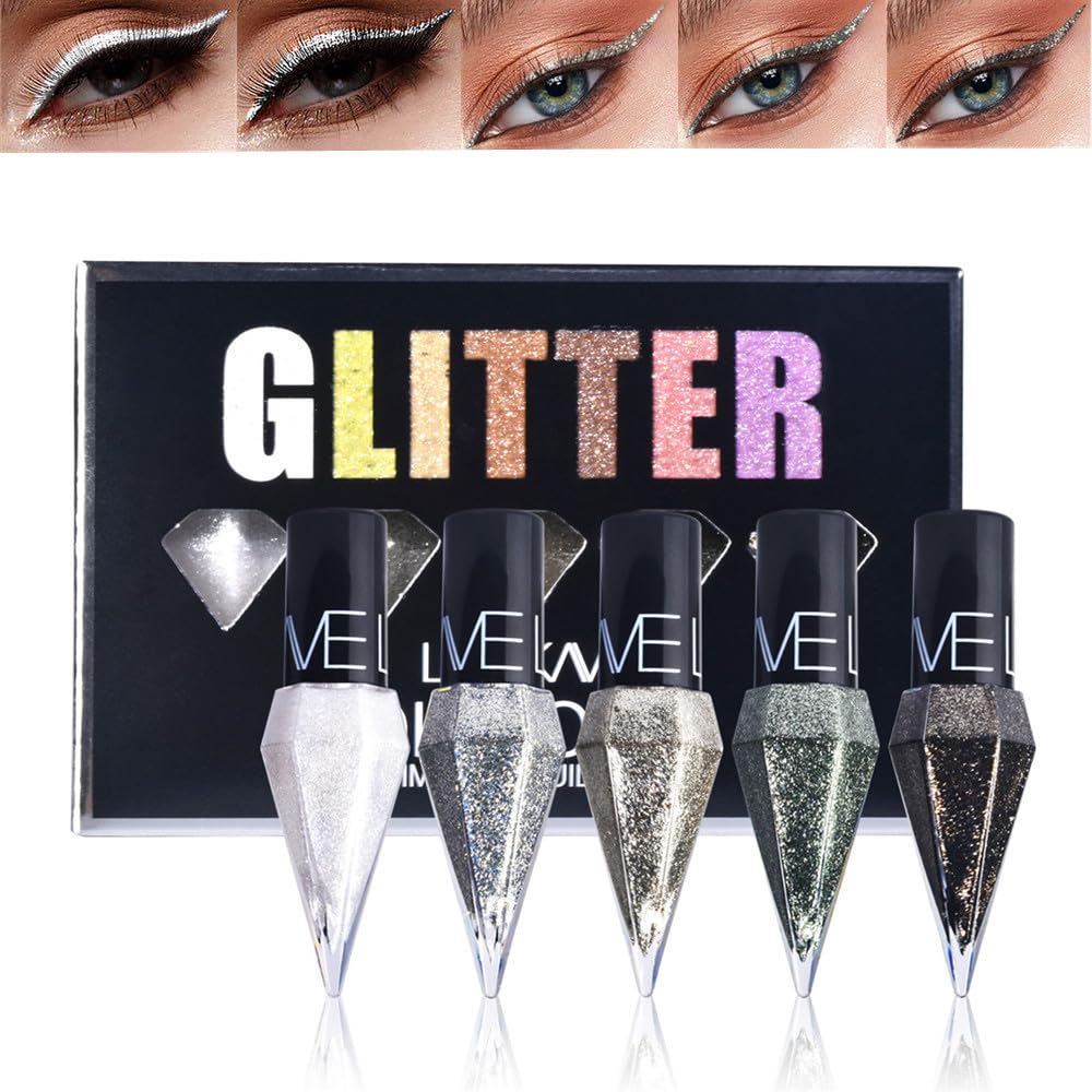Go Ho Glitter Eyeliner Colorful Set,5 Colors Metallic Shimmer White Silver Brown Diamond Shine Eye Liner,Glitter Eyeshadow,Waterproof Long Lasting