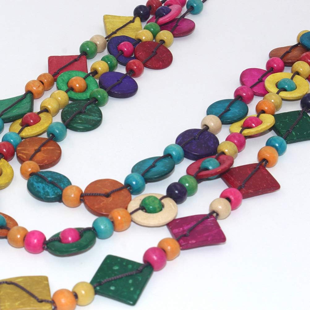 Bohemian Shell Necklace Wood Bead Statement Collar Necklace Chunky Layered Handmade Beaded Long for Women (Colorful) - Image 6
