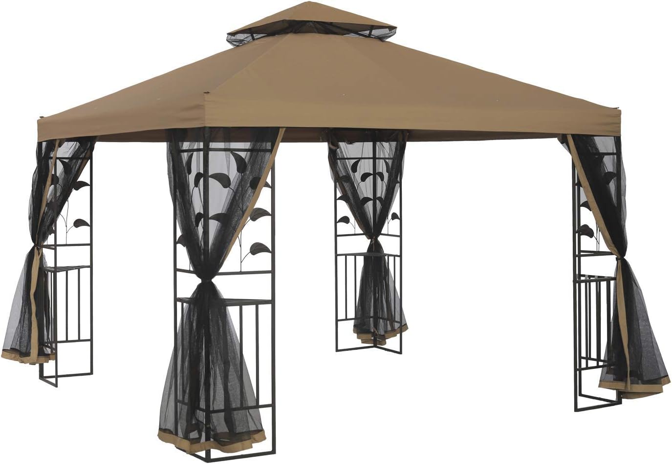 TJ Patio 10x10 Ft Outdoor Gazebo Steel Frame Two-Tiered Top Canopy, Leaf Screen Decor Gazebo with Adjustable Netting for Garden Backyard, Beige