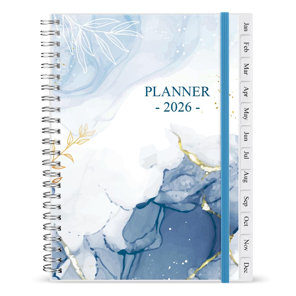 2026 Diary, January 2026 - December 2026, A5 Weekly Planner with 12 Monthly Tabs, Back Pocket, Planner 2026 with Elastic Closure, Flexible Cover, 14.8×21cm, Blue Watercolor