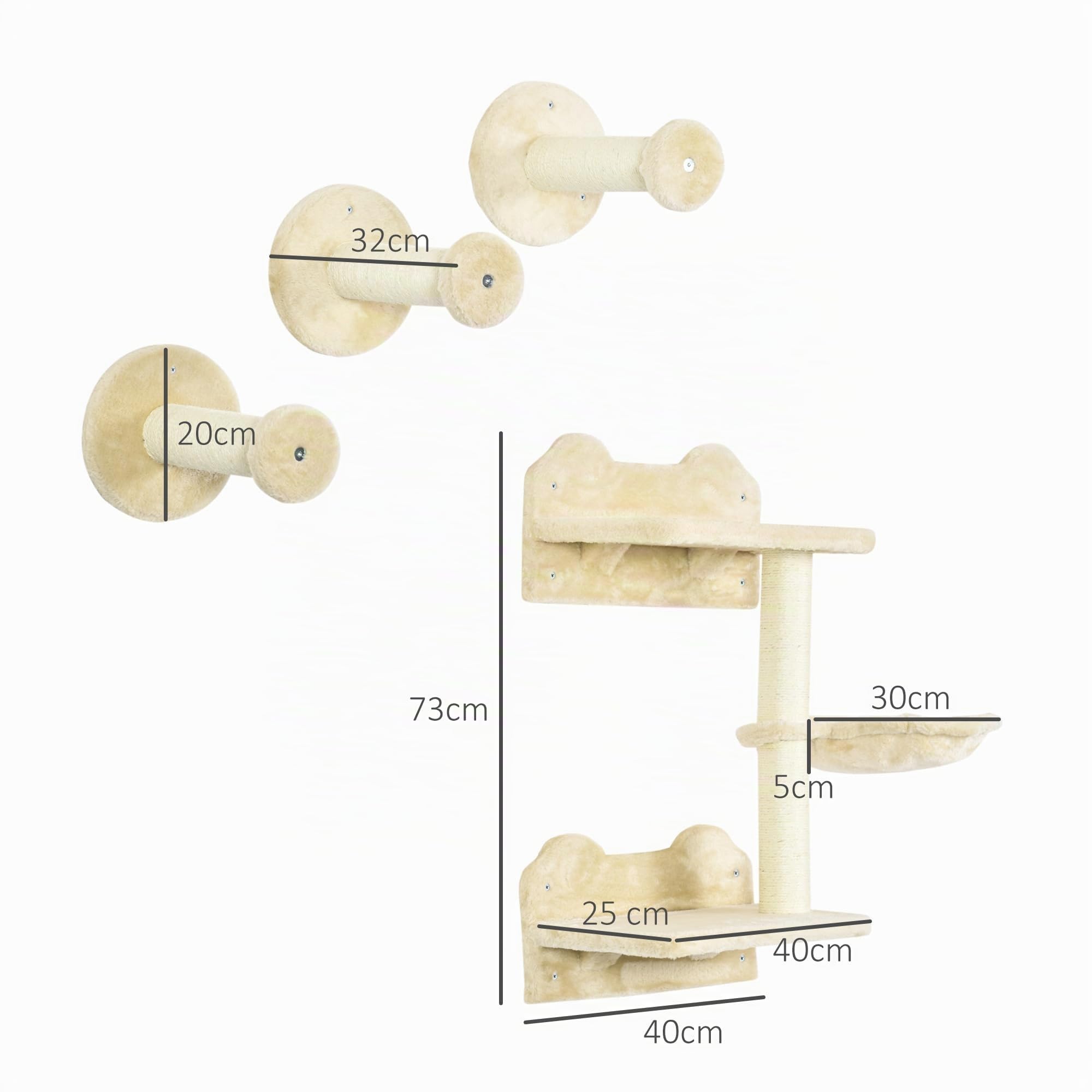 PawHut Kletterwand Katzen 4-teilig Set, bis zu 5 kg Beige+Cremeweiß | Katzen Kletterwand Set, mit Sprungturm, 3 Kratzbäume, Kratzbaum mit Hängematte, Wandkratzbaum, Wand Katzenmöbel Kletterpark