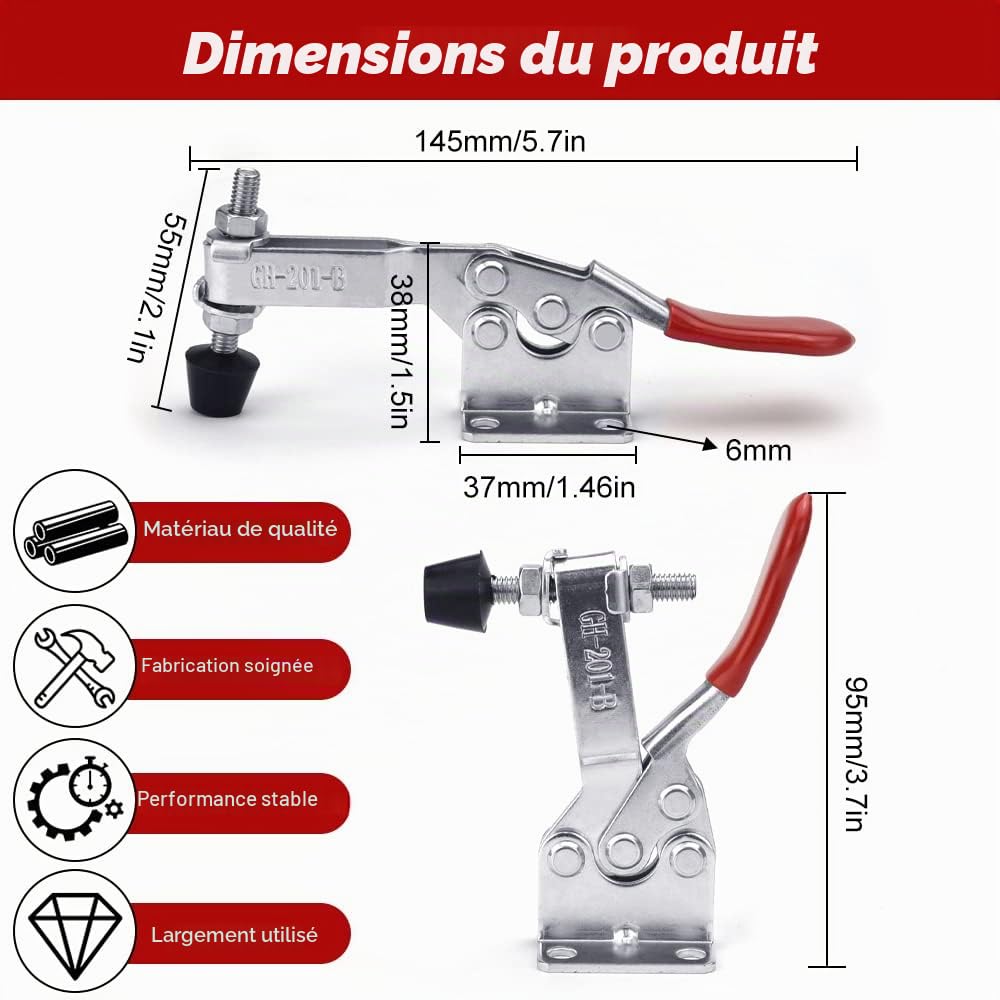 8 PCS Sauterelle en Fer 145mm 90 kg / 201 lbs Galvanisé Sauterelles de Menuisier Anticorrosion Pince à Genouillère Serrage Antirouille Amovible pour Fixation et Serrage Rapide Mécanique