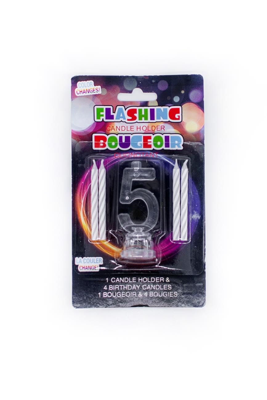Shatchi Multicolour Number 5 Led Light Up Flashing Colour Changing Holder With 4 Wax Cake Candles Birthday Anniversary Table Decorations