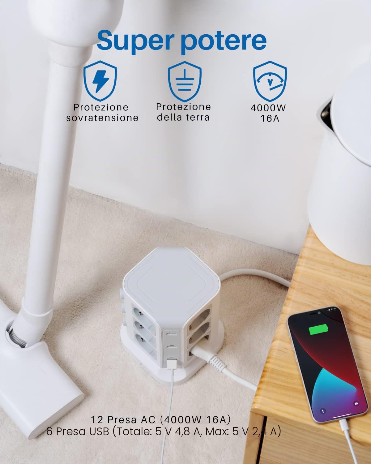 KOOSLA Multipresa ITA/Schuko 12 Prese 6 USB | 12 Prese Universali, 6 USB-A, 4000W/16A, Protezione Sovratensione