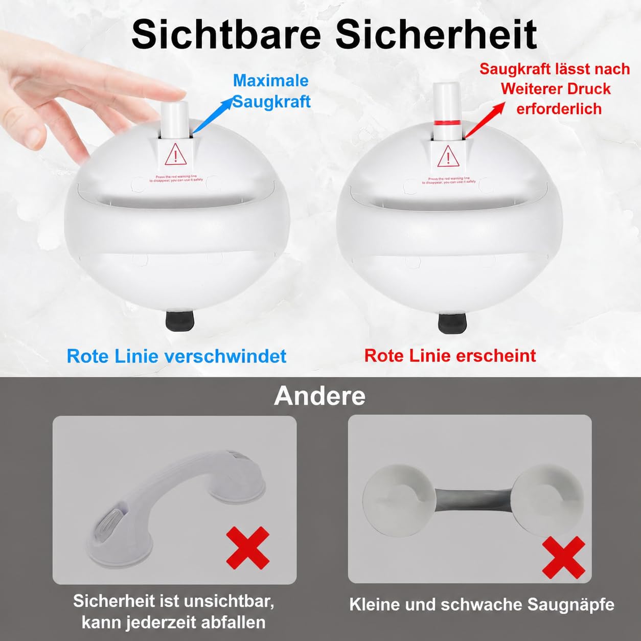 Verbesserter Dusch-Haltegriff, Haltegriffe für Badewannen und Duschen, 190 kg, extra starker Saugnapf-Duschgriff, Sicherheits-Stabilität, Handicap-Haltegriffe, Duschgriffe für ältere (HB-2P)