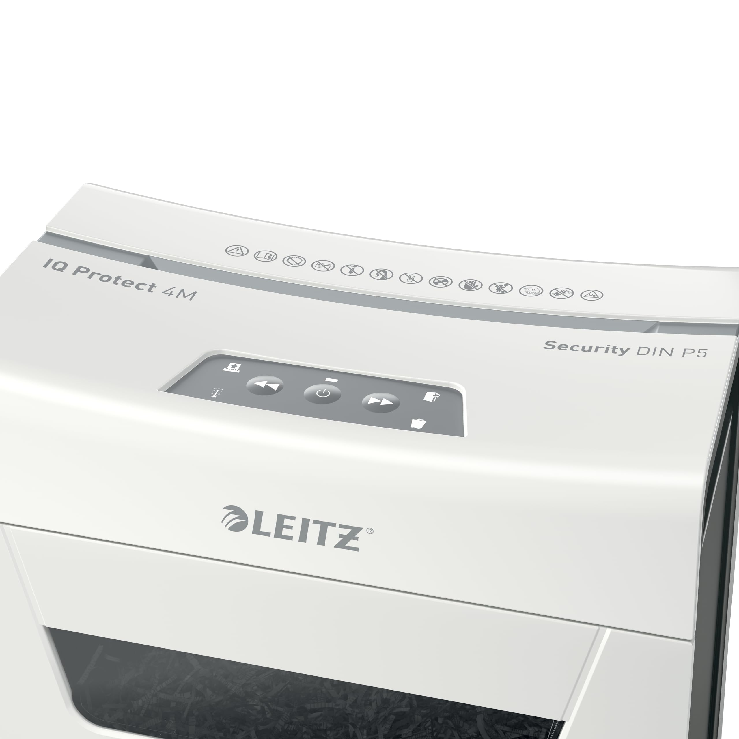 Leitz Distruggidocumenti IQ 4M Premium P5 per ufficio e casa, Microcut, 4 fogli, pattumiera da 14 litri, molto silenzioso/compatto, serie Protect, bianco, 80940000, 1 unità