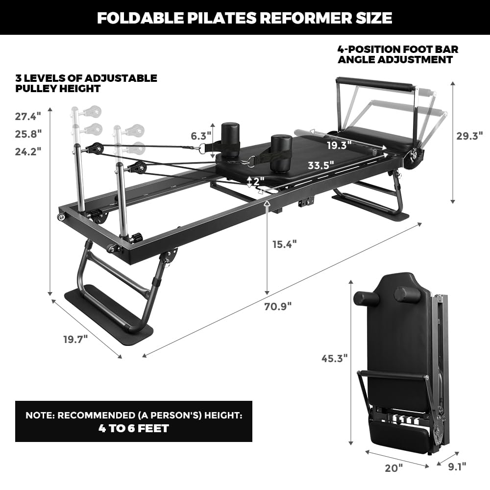 Pilates Reformer, faltbares Pilates-Gerät und Zubehör für das Training im Heim-Fitnessstudio, geeignet für Fortgeschrittene und Anfänger, max. 200 kg, schwarz