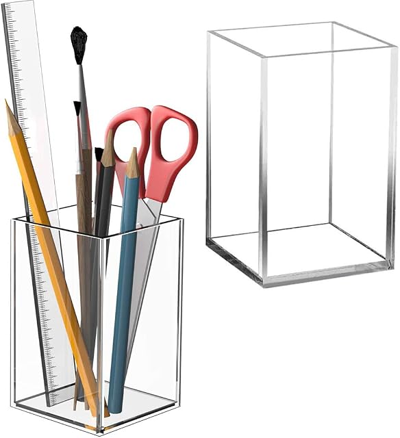 2 Pieces Pencil Pen Holder, Makeup Brush Holder, Acrylic Holder, Square Pen Pot, Makeup Brush Organizer, Clear Acrylic Square Pen Holder for Lip Liners, Eye Liners, Makeup Pads (Transparent)