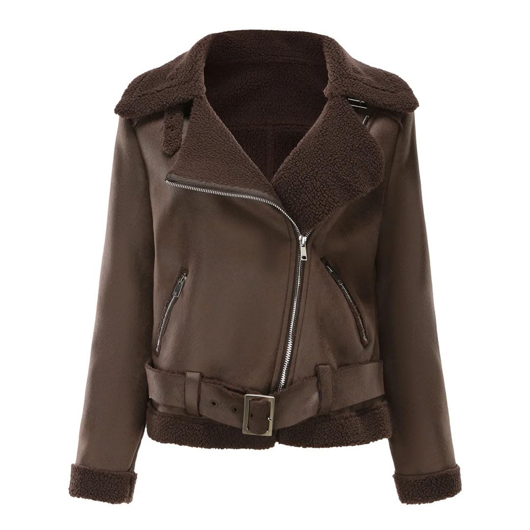 Giacca invernale da donna in pelle spessa con pelliccia integrata calda giacca in pelle scamosciata con cintura e risvolto