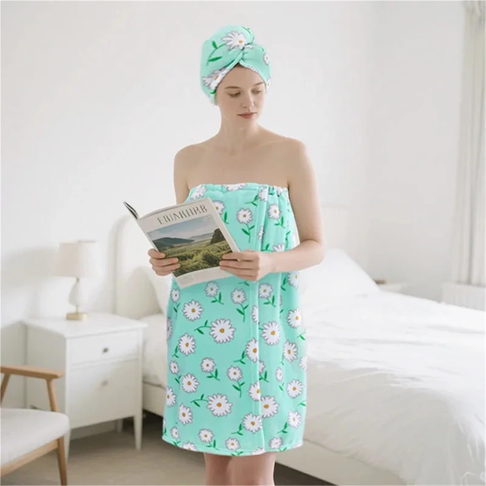 Handtuchkleid 2-teiliges Set, Haarwickel, Baderock, Gänseblümchen-Stil, tragbares Handtuch, weich, saugfähig, schnell trocknend