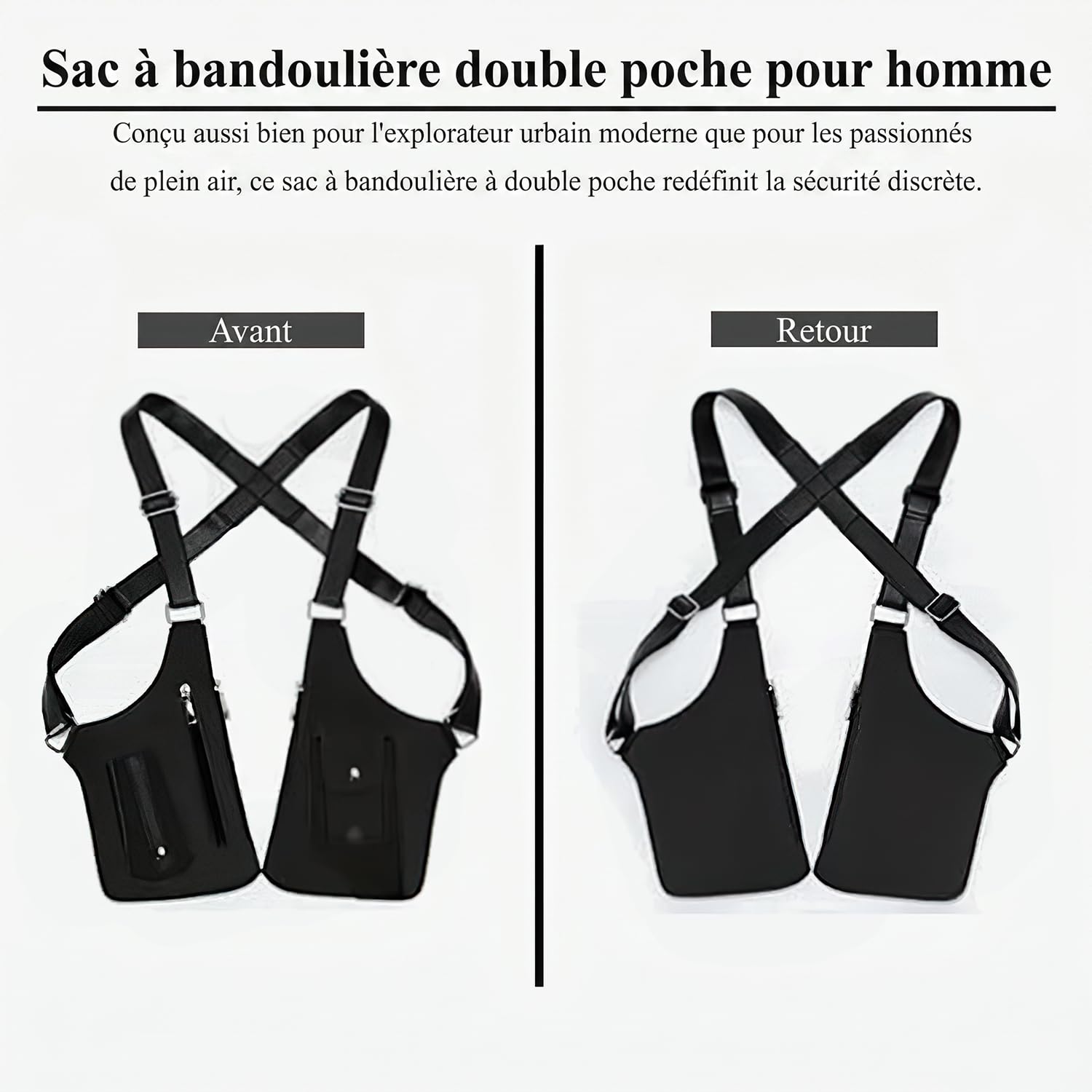 gresonic Sac Bandoulière Double Homme en Cuir Unisexe pour sous Les aisselles, Sac à bandoulière réglable avec Attraction magnétique Faible et Design Anti-vol Discret