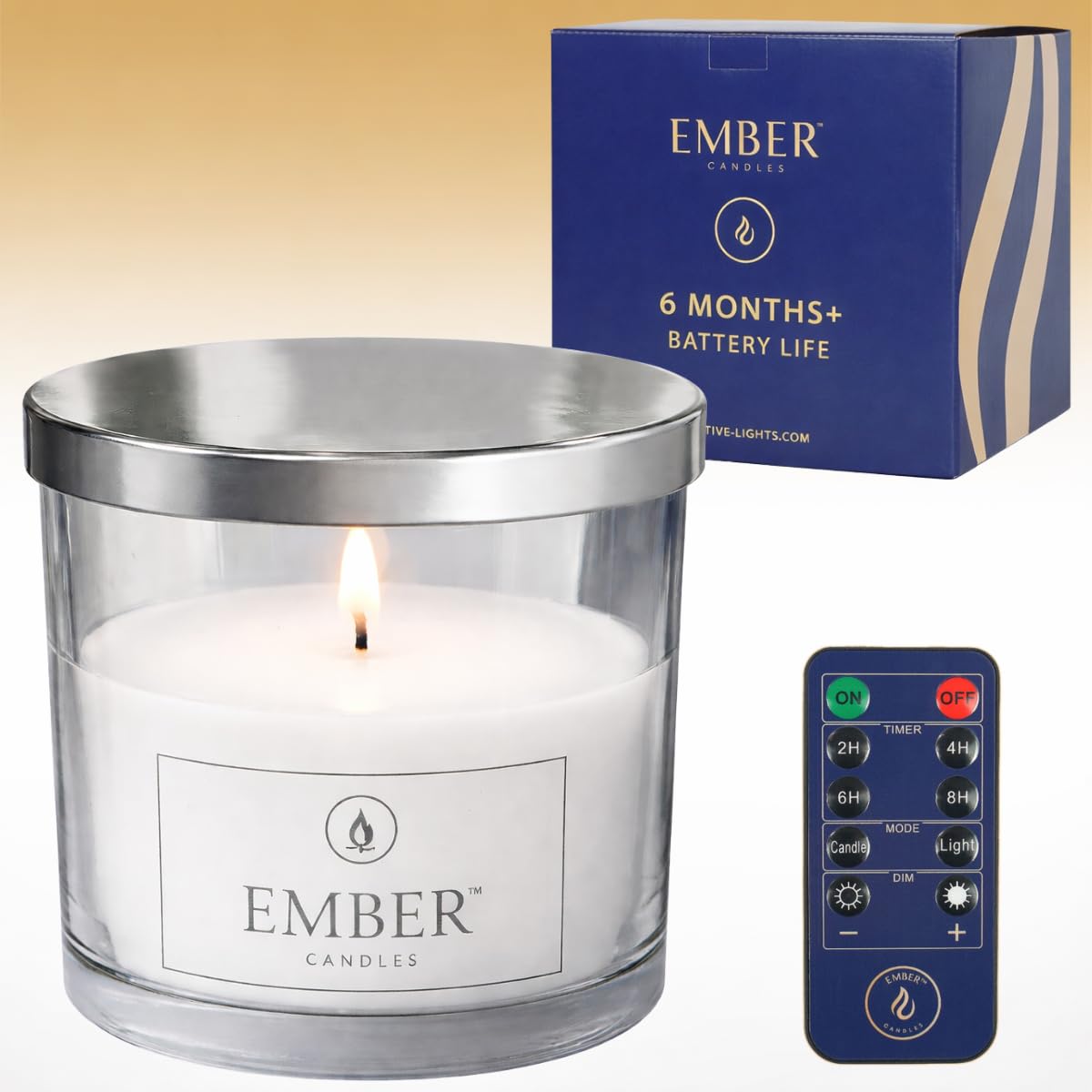 Ember Candles™ 12cm Clear Glass Jar LED Flickering Battery Candle – 100% Real Wax, Chrome Lid, Ultra-Realistic, Flameless, Hand-Poured Design, 6-Hour Timer for Safe Indoor Use (with Remote Control)