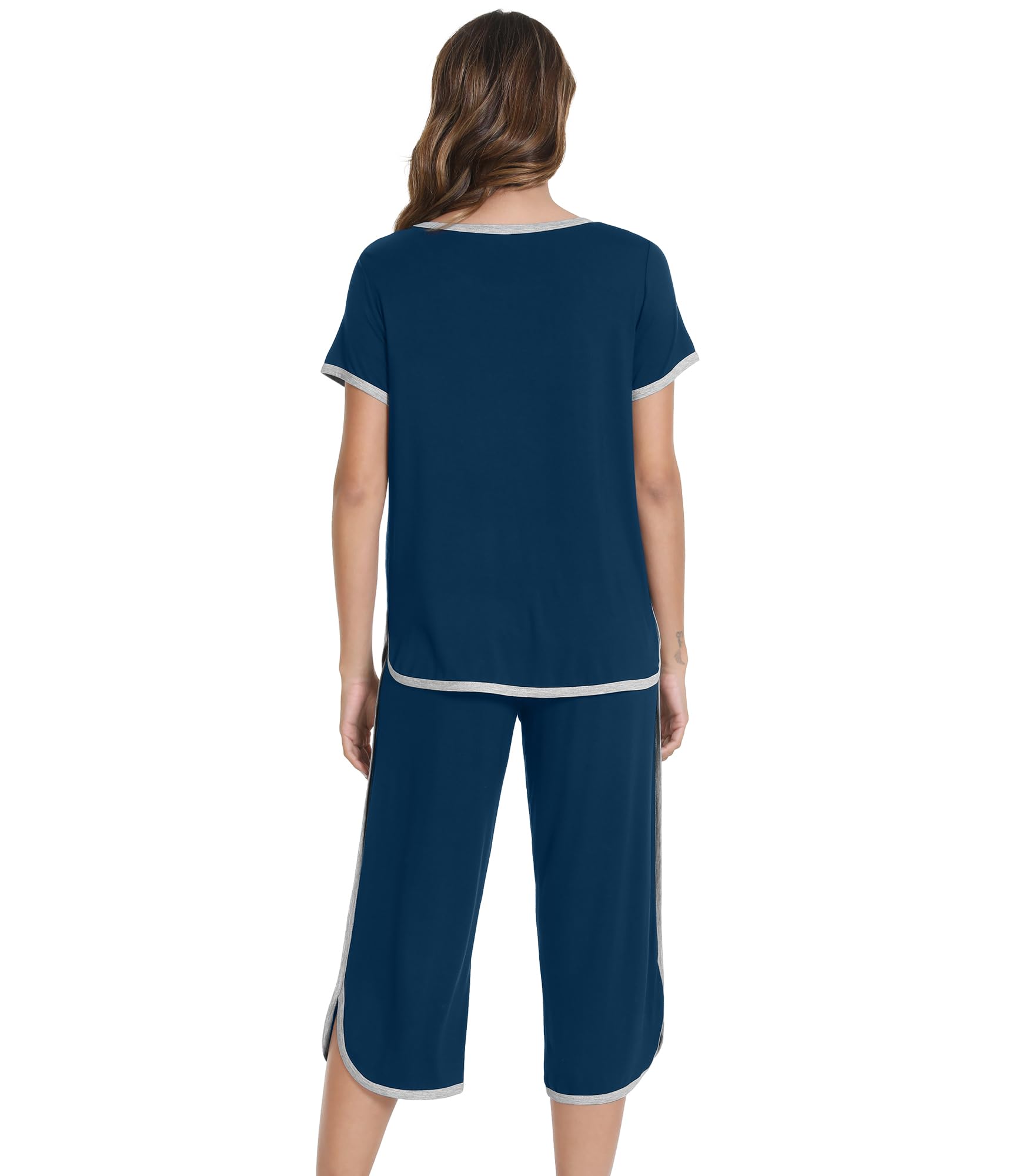 WiWi Conjunto de pijama casual de viscosa de bambú de manga corta con capris y cuello redondo, tallas S-XXL