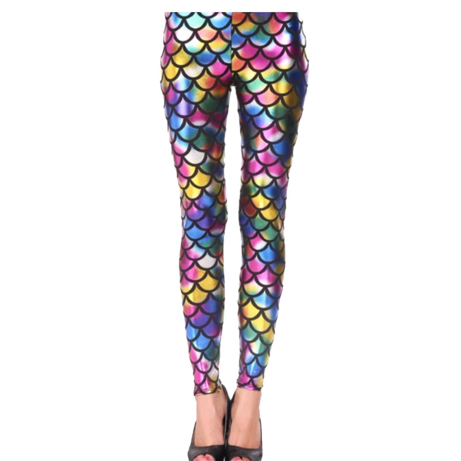 Kids Fish Scale Mermaid Leggings Girls Disco Sparkle Fancy Shiny Metallic Pants[Multi Colour Mermaid,11-12 Years]