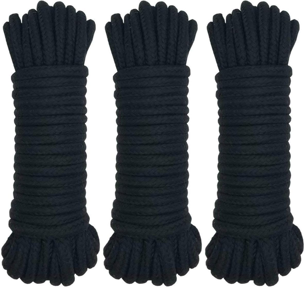 32 feet (10m) All Purpose Soft Cotton Rope, Black, Pack of 3