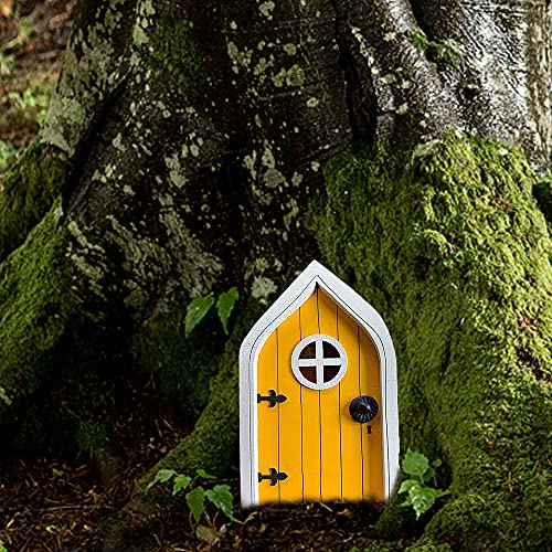 Miniature Fairy Gnome Home Door, Fairy Door for Tree Garden Fairy Door Fairies Sleeping Door Tree Statues Outdoor Wooden Statues Yard Art Garden Sculpture Decoration Tree Wall Lawn Decor (Yellow)