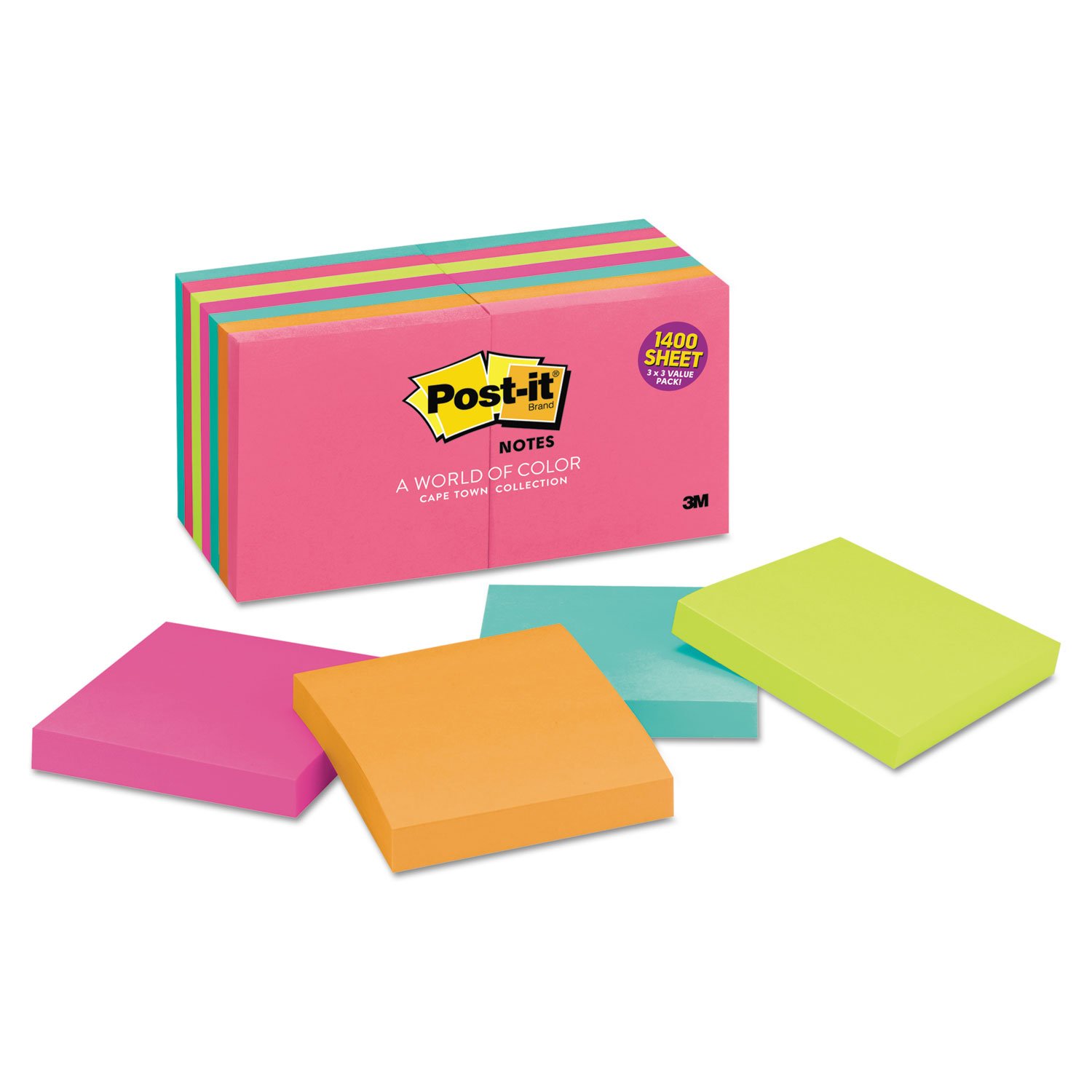 Post-it Notes Original Pads in Cape Town Colors, 3 x 3, 100-Sheet, 14/Pack