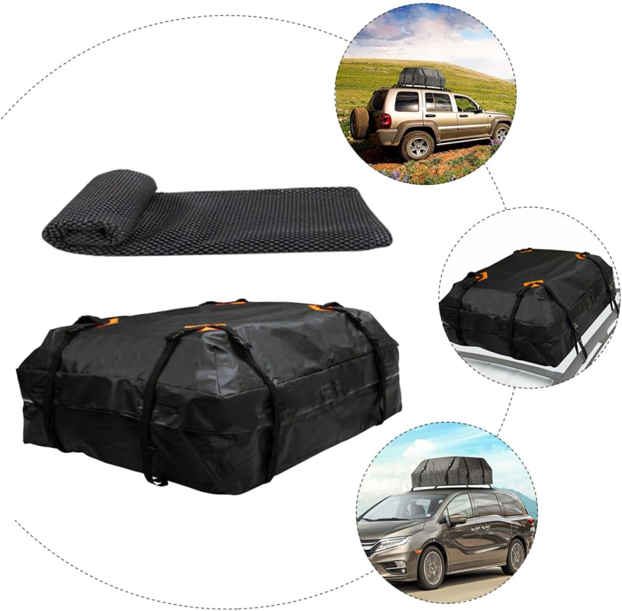 Car Cargo Roof Bag with Non-Slip Mat Oxford Vehicle Rooftop Carrier Luggage Storage for Travel Fits Cars with Without Roof Rack Secure Strap Design