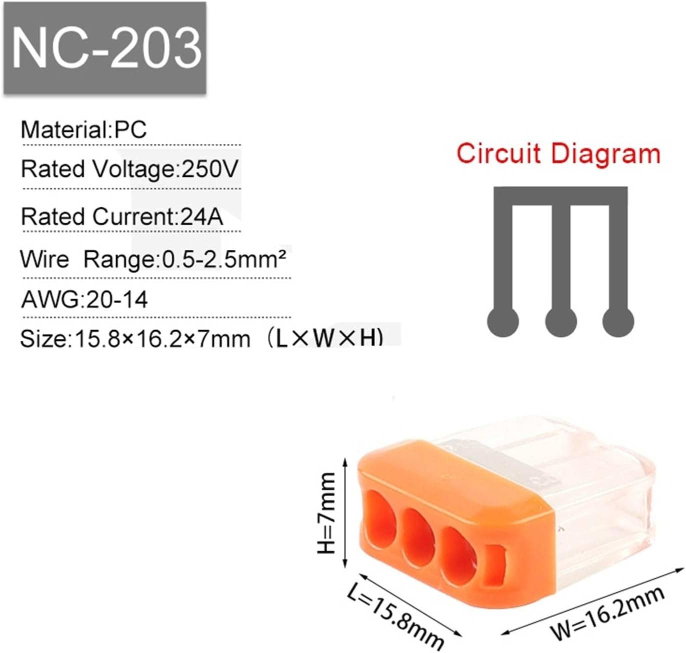 Quick Easy Push in Compact Wire Splicing Connector Connection 2/3/5 Pin Wiring Terminal(NC-203,5pcs)