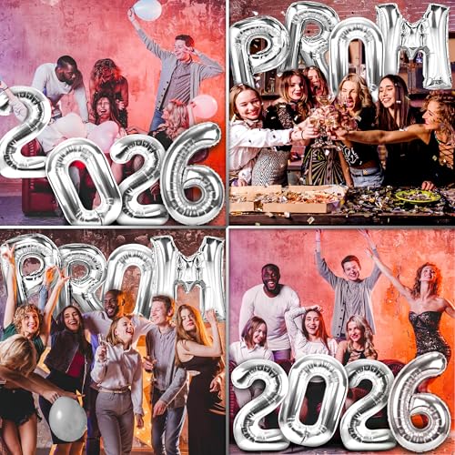 Image of Prom 2026 Balloons Silver 40 Inch Giant - Prom 2026 Decorations Decor for Graduation Party Foil Mylar Balloons Banner Sign