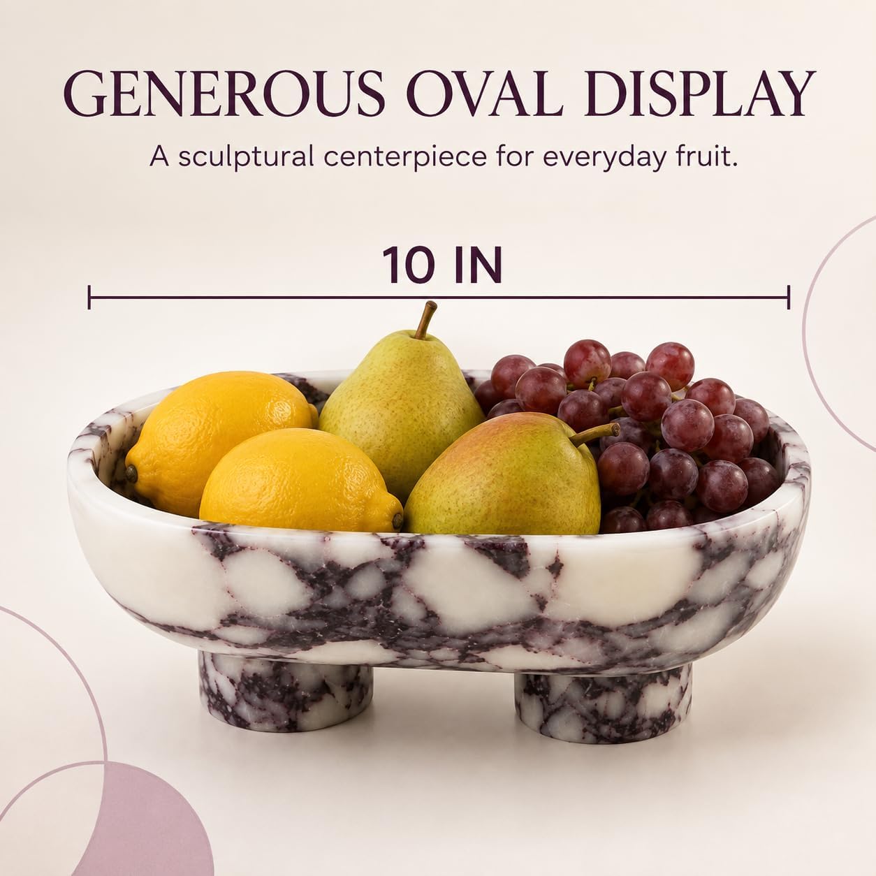 Calacatta Viola Marble Fruit Bowl, 10 Inch Large Oval Stone Fruits Holder with 2 Legs, Luxury Decorative Bowl for Kitchen Counter & Dining Table