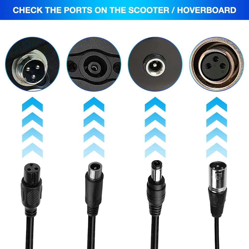 Chargeur de trottinette électrique 54,6 V 2 A, batterie adaptateur de courant avec 6 connecteurs Chargeur universel pour trottinette électrique Hoverboard vélo électrique avec indicateur LED 5,5 mm