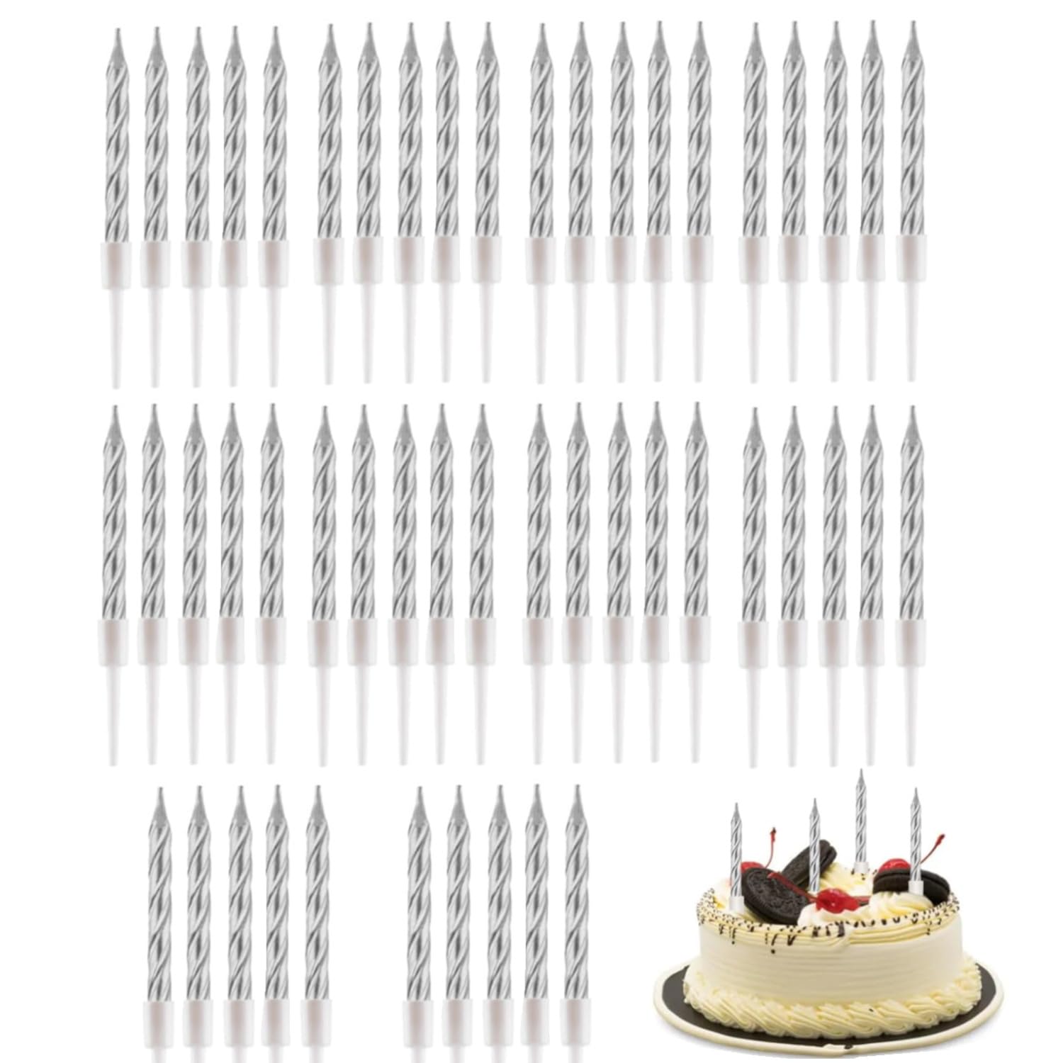 JJiaoLinin Birthday Candles,50 Pieces Spiral Cake Candles in Holders Metallic Cake Cupcake Candles Metallic Short Thin Cake Cupcake Candles for Birthday Wedding Party Cake Decorations,Silvery