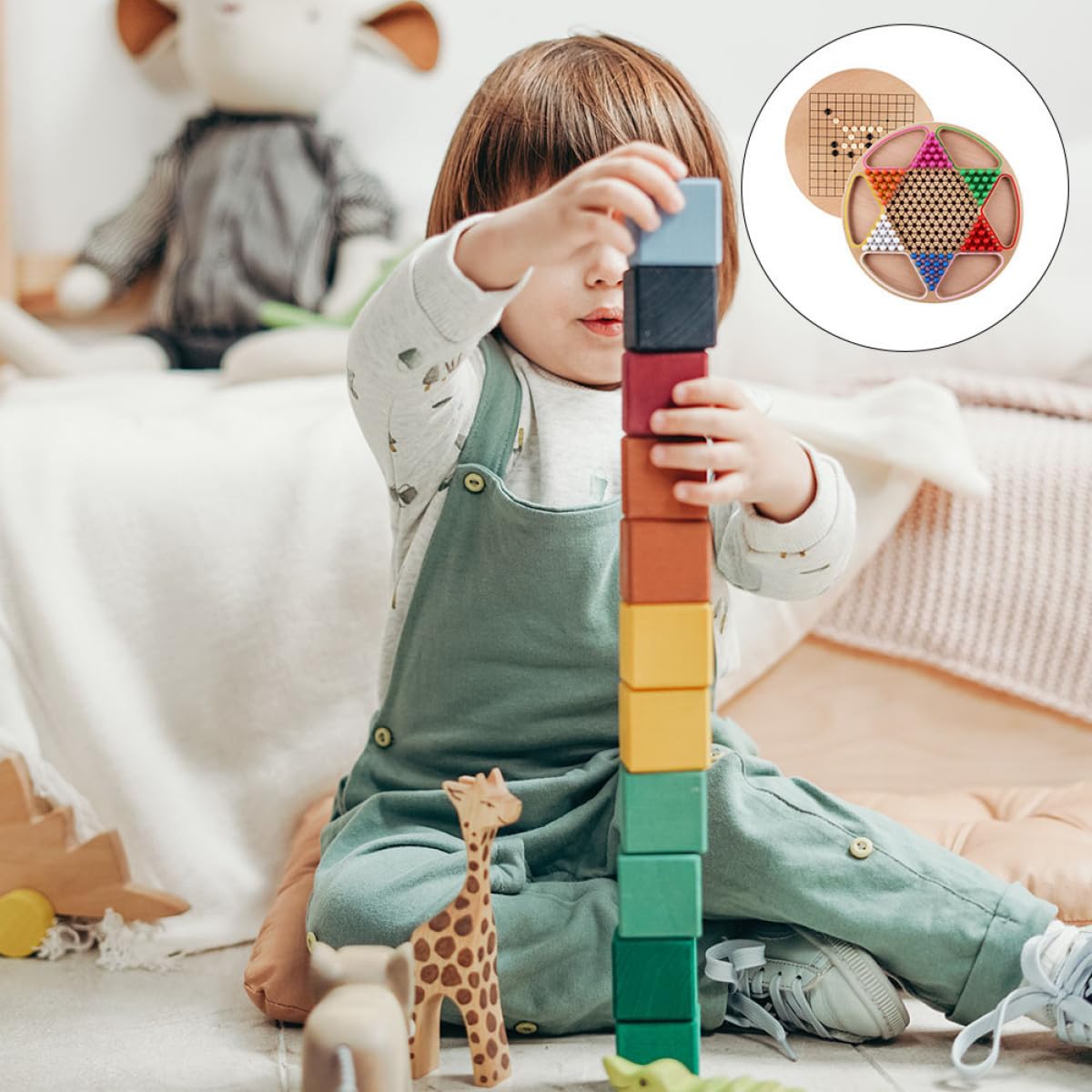 Juego de Mesa de Madera Dos en Uno Damas Chinas y Gobang para Niños, Compacto y Portátil, Juguete Educativo Cognitivo Infantil, Adecuado para Viajes y Aprendizaje Lúdico
