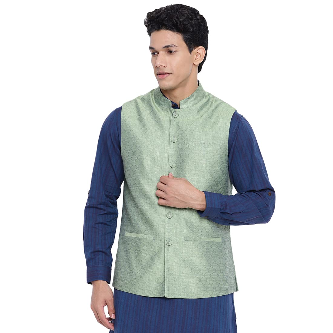 fabindia Green Viscose Silk Woven Jacket-picture-10