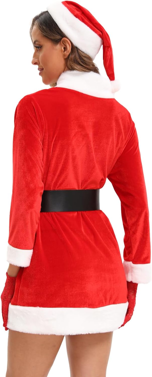 UDYR Mrs Claus Costume Women Santa Claus Suit Cosplay Costume Outfit Dress One Size with Belt and Hat - Image 2