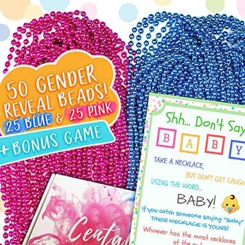 CENTALI Gender Reveal Beads - 50 Necklaces - 25 Blue and 25 Pink Large 7mm Gender Reveal or Baby Shower Party Favours