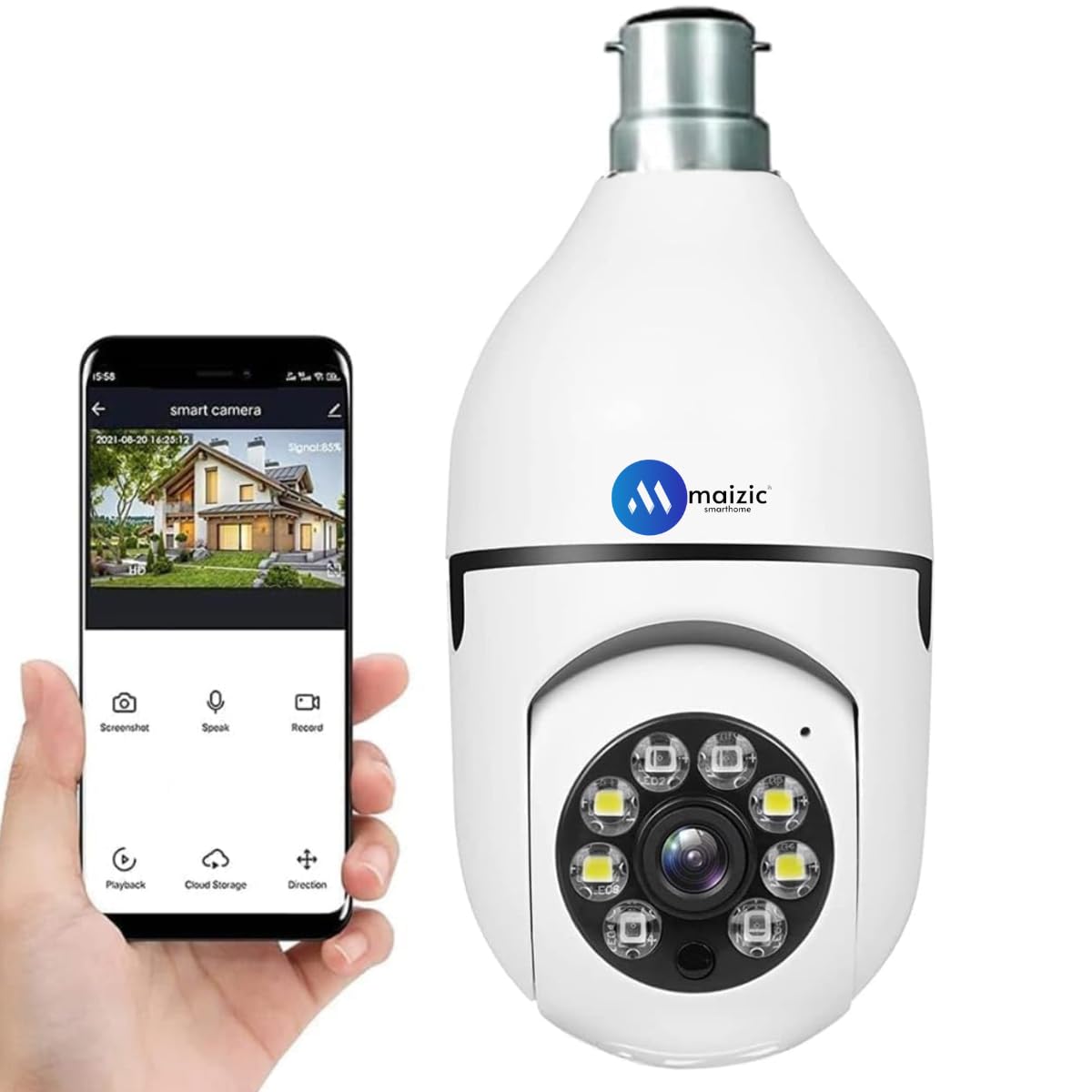 Maizic Smarthome 3 MP WiFi Camera Outdoor/Indoor with bidirectional Voice, Intelligent Alarm, Smart surviellance, Motion and Human Detection (Bulb Camera) (Indian Holder Competiable) (3mp)