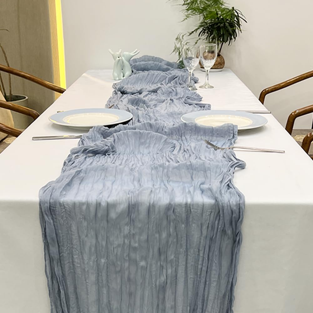 Cheesecloth Table Runner Blue, 35 x 160 Inches Boho Rustic Sheer Gauze Tablecloth Chiffon Table Decorations For Wedding, Bridal, Baby Shower, Birthday